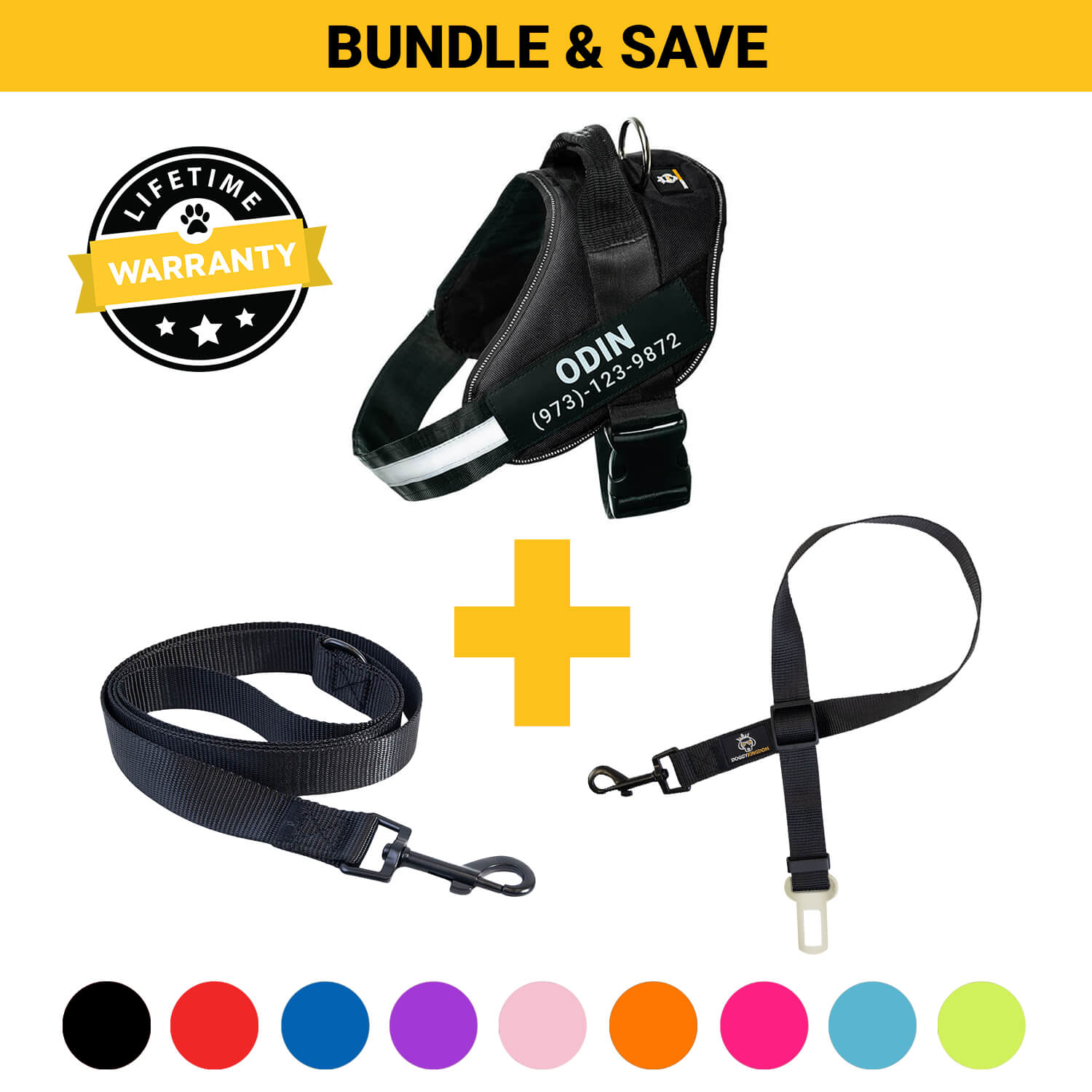 Lifetime Warranty Personalized Doggykingdom Harness Leash Safety Seat Belt BUNDLE